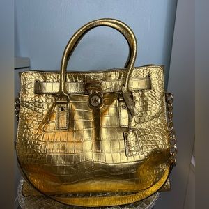 Micheal Kors Gold Genuine Leather Tote Bag